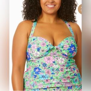 Salt + Cove Tankini Swim Top Ruched Underwire Molded Cups Green Pink Floral 1